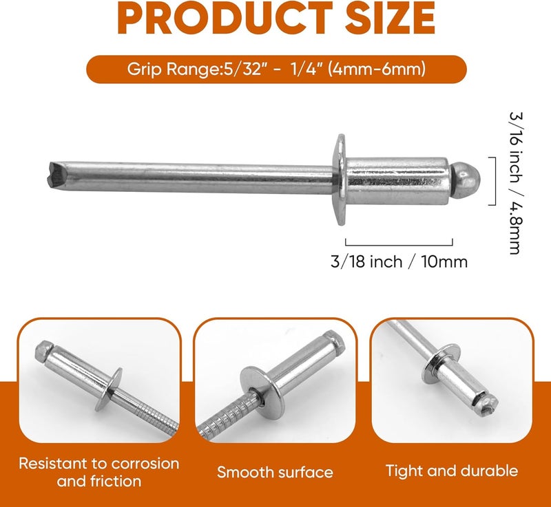 ALLCLEAN 100 Pcs 3/16"x3/8" Stainless Steel Blind Pro Rivets,4.8 x 10mm Pop Rivets,Stainless Steel Grip and Stainless Steel Mandrel - Image 2
